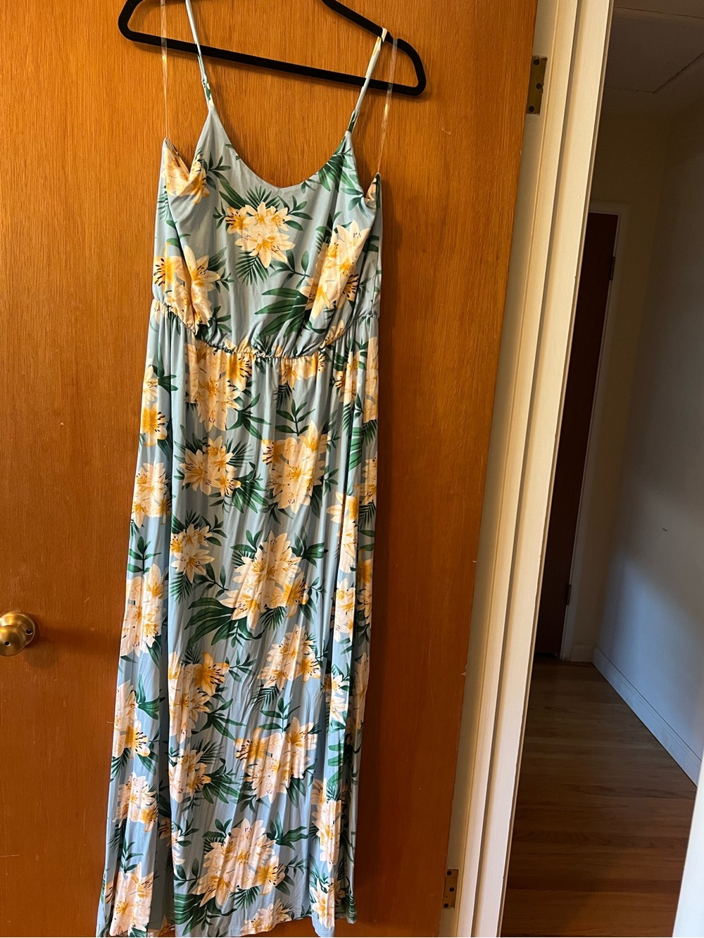 Lush Light Blue Maxi Dress with Yellow Floral Print